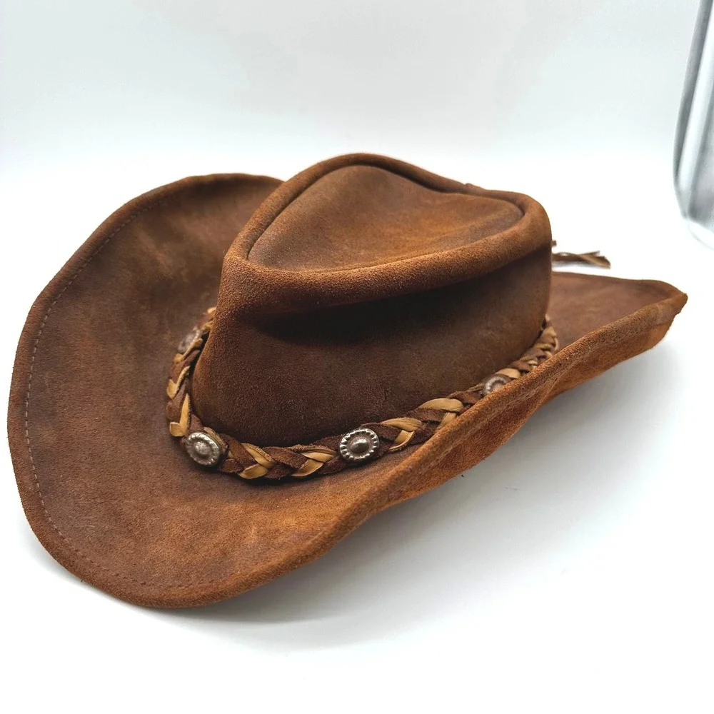 Vintage Brown Suede Leather Cowboy Hat Braided Band Concho Western Mexico Hat L